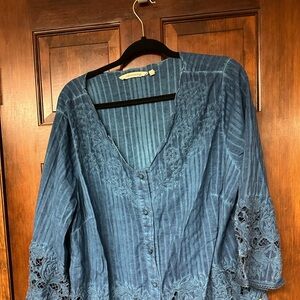 Soft Surroundings Denim Blue Embroidered Blouse